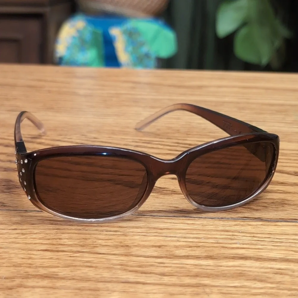 Piranha Rhinestone Embellished Sunglasses Brown Plastic Etched Temple Y2K